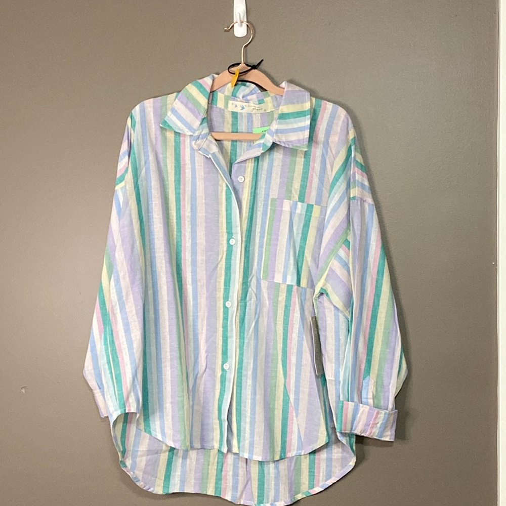 Grace Oversized White and Green 3/4 Sleeve Button Down Shirt